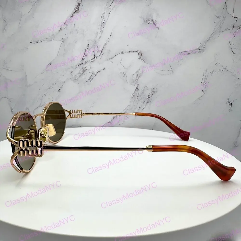 New MIU MIU Sunglasses Gold Oval Skinny Metal Frame Italy 100% Authentic